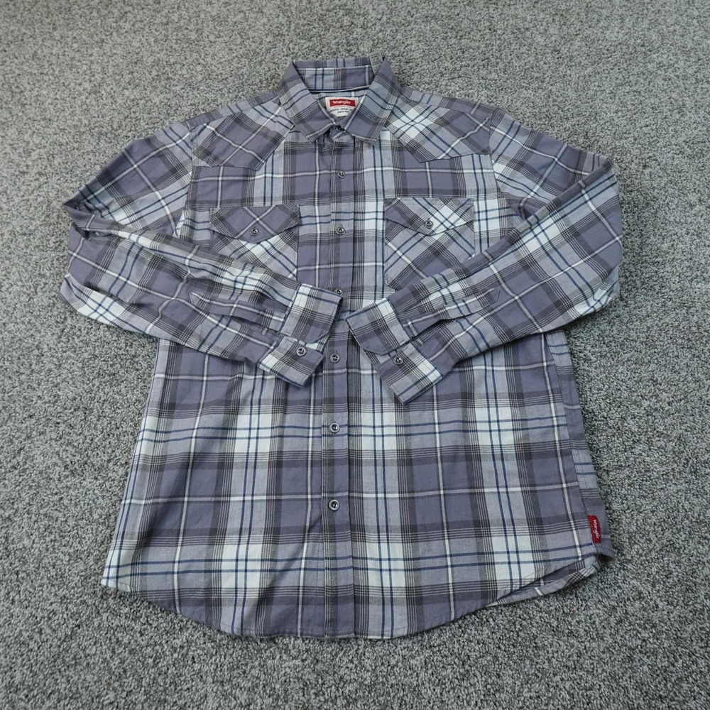 Wrangler Shirt Mens L Gray Plaid Twill Button Up Long Sleeve Western Stretch Top
